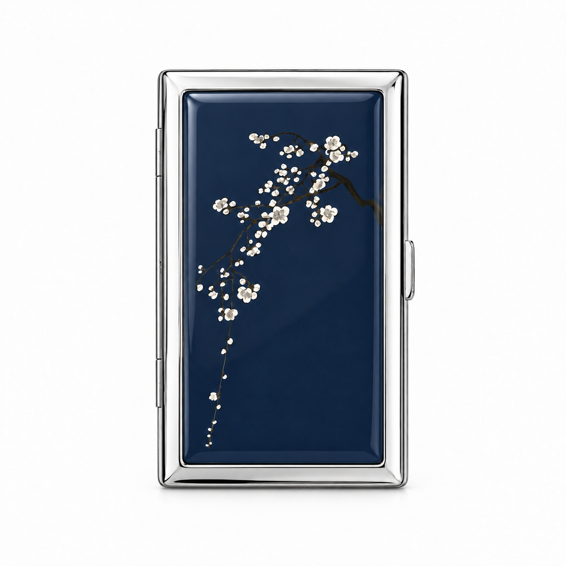 Porte-cartes métallique Midnight Blossom, fleurs blanches sur fond bleu nuit